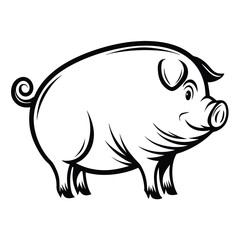 Pig Black and White Line Art of Farm Animal with Curly Tail and Smiling Face