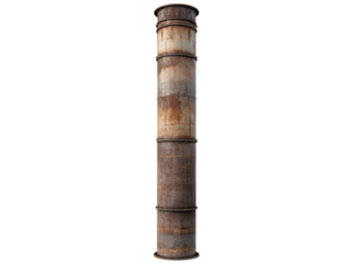 Rusty industrial chimney stack with weathered metal surface and vertical design, isolated on transparent background, png