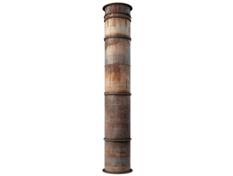 Rusty industrial chimney stack with weathered metal surface and vertical design, isolated on transparent background, png