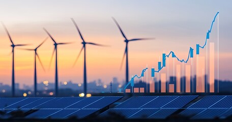 Renewable energy investment growth.  Sunrise over wind turbines and solar panels with upward trend graph