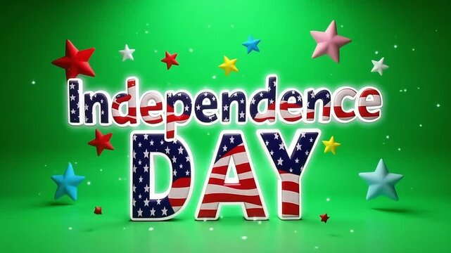 Independence day text with american flag pattern and colorful star decorations on green background 4k video