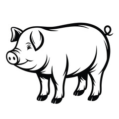 Isolated Black and White Cartoon Pig Standing on Four Legs with a Curly Tail
