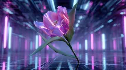 A high-tech tulip with glowing neon veins in an advanced AI-powered futuristic greenhouse