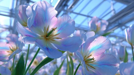 A high-tech tulip with glowing neon veins in an advanced AI-powered futuristic greenhouse