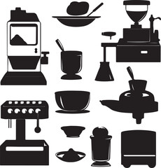Black and White Vector Art of Coffee Shop Equipment and Utensils