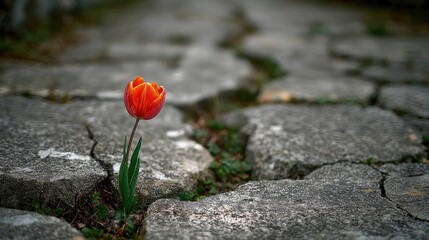 A lone tulip emerging from the cracks of an ancient stone pathway, vibrant petals against the weathered surface