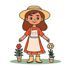 Cute girl farmer in hat. Kid Girl Gardener with flowerpots with flowers. Colored hand drawing. Vector illustration
