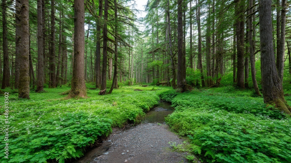 Leinwandbilder sunlight filters through the trees onto a verdant clearing filled with wildflowers and ferns, while 