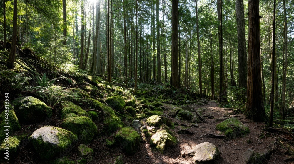 Fototapete sunlight filters through towering trees, illuminating a verdant forest floor rich with moss and fern