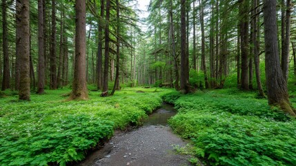 Fototapeta premium Sunlight filters through the trees onto a verdant clearing filled with wildflowers and ferns, while a serene stream flows peacefully in the background