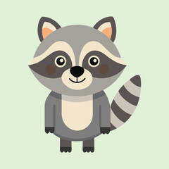 Adorable cartoon raccoon standing on a light green background illustration, cute and simple