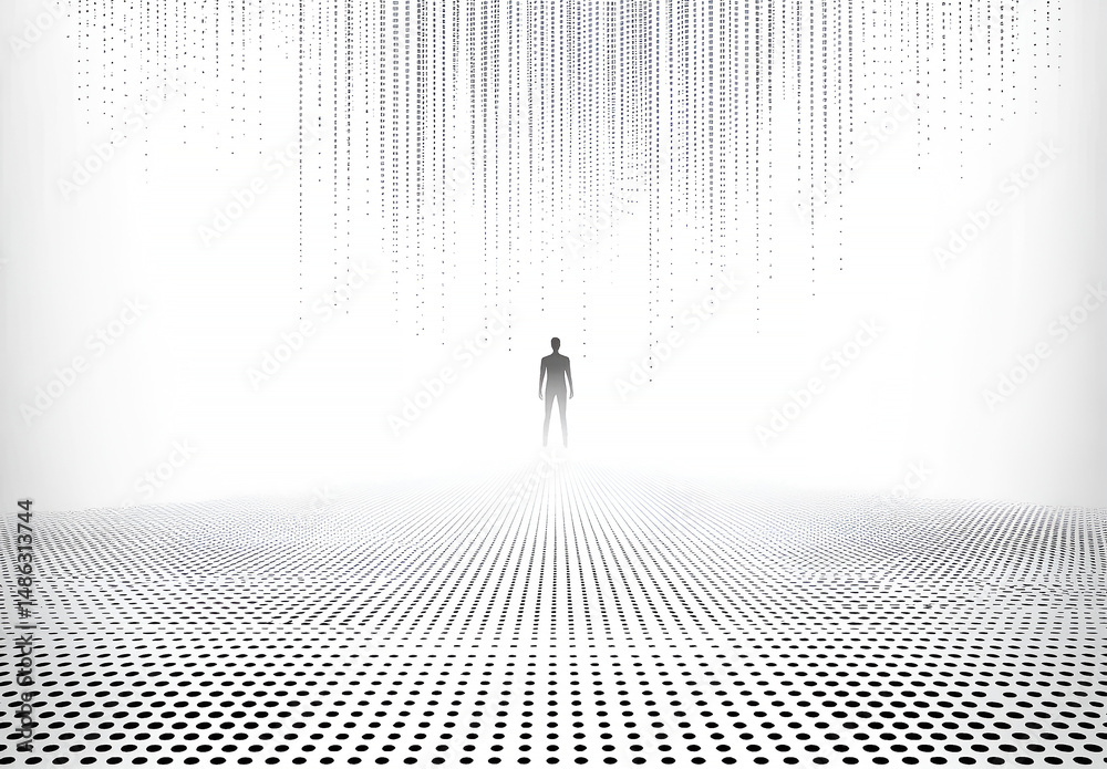 Aufkleber a lone figure standing in a digitally rendered abstract landscape with binary code flowing down, rep