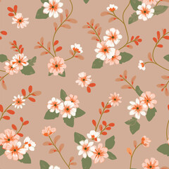 Repeating Pattern Of Small, White And Orange Flowers With Green Leaves On A Light Brown Background.
