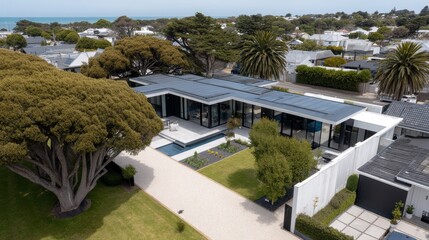 Fototapeta premium This striking eco-friendly residence features large windows, a green roof, and solar panels, nestled in a vibrant garden with a vegetable patch