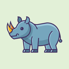 Adorable cartoon rhinoceros with bold outlines stands on a light green background