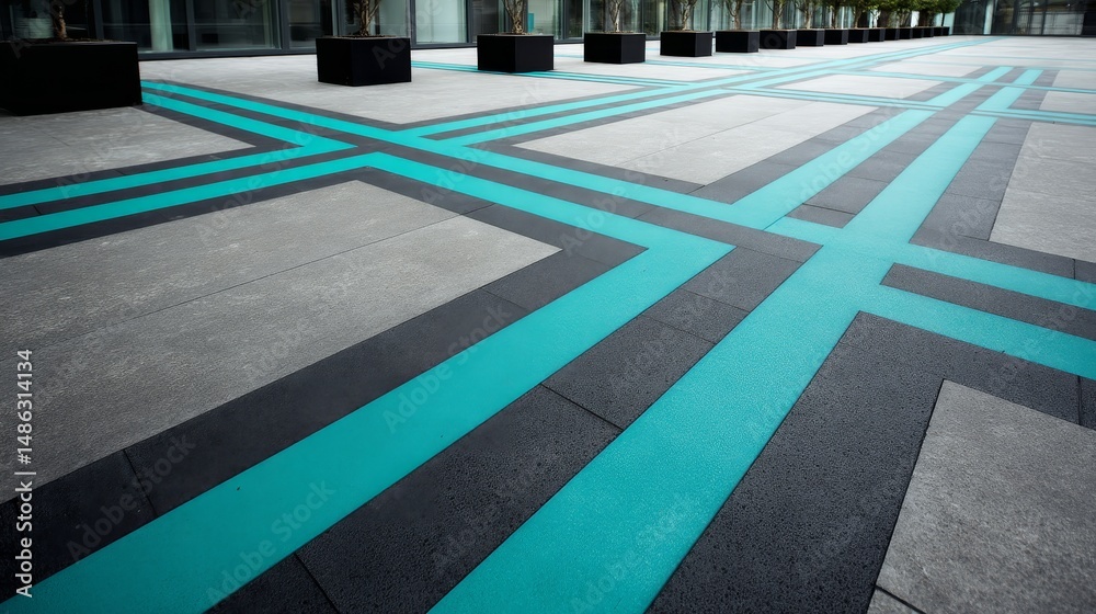 Poster dark gray slate tiles form a geometric pattern overlaying a bright turquoise surface, showcasing a c