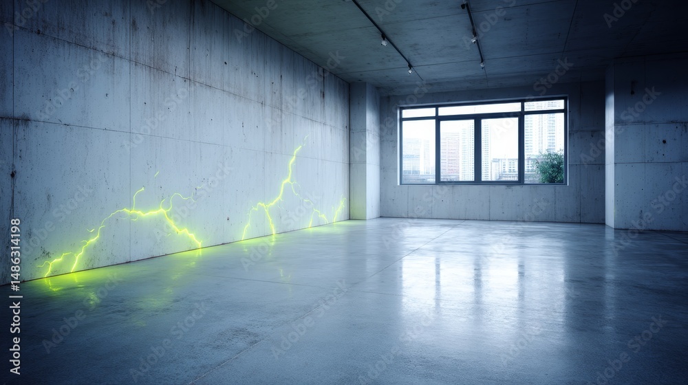Aufkleber a wide-angle view showcases a cracked concrete wall enhanced with glowing neon green accents, creati