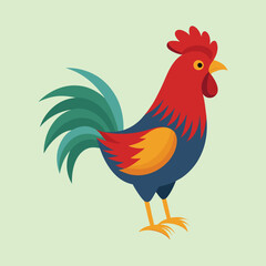 Vibrant cartoon rooster with colorful plumage against a light green background
