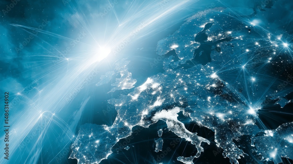 Fototapete a digital representation of europe showcases glowing lines linking key cities, highlighting technolo
