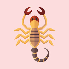 Modern stylized scorpion with brown and yellow color scheme on pink background