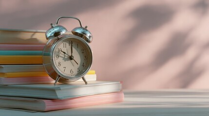 Naklejka premium Stack of colorful books with a small alarm clock