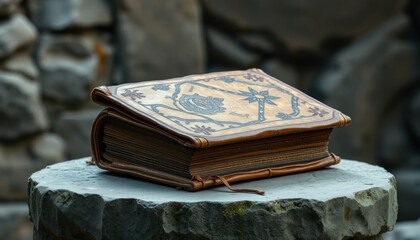 Old ornate leather book on stone pillar, ancient knowledge