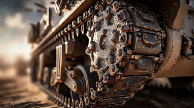 A tank with a large, rusted wheel on the front