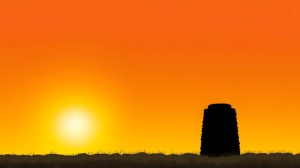 Sunset Silhouette of Stacked Tires in Field