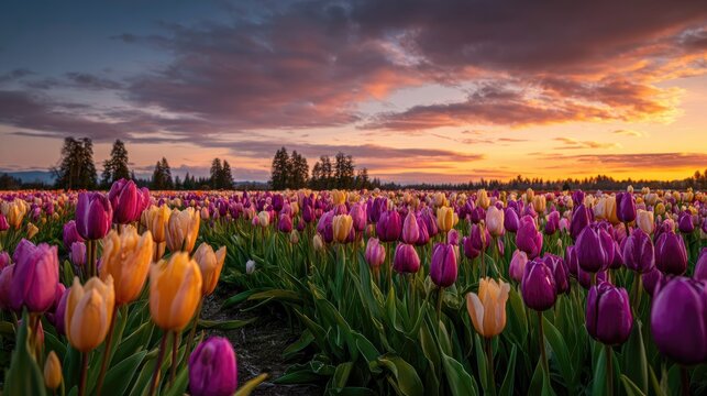 A mesmerizing tulip field painted in golden, pink, and purple tones at sunset