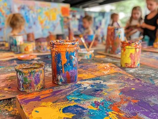 Creative children engaged in colorful art activities in a lively classroom filled with vibrant paint supplies