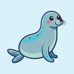 Cute Cartoon Seal Sitting Against a Light Blue Background Smiling Happily