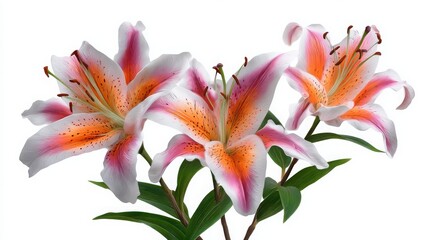 Fototapeta premium Stunning Trio of Asiatic Lilies Blooming Vibrantly Isolated on White Background