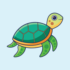Cute cartoon sea turtle swimming with a happy expression and blue background