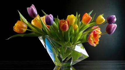 A modern floral design where colorful tulips rest in an angular glass sculpture-inspired vessel