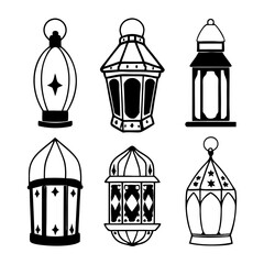 Arabic Traditional Lamps . Ramadan Hanging Lamp Icons – Black Silhouette Set

