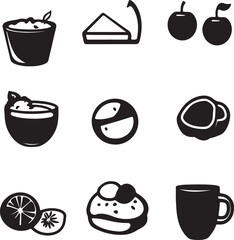 Fototapeta premium Black and White Food Icons: Dessert, Fruit, and Drink Illustrations