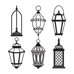 Arabic Traditional Lamps . Ramadan Hanging Lamp Icons – Black Silhouette Set

