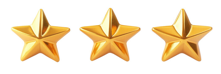 Obraz premium Three shiny golden stars arranged in a row on a white background, isolated on transparent background, png