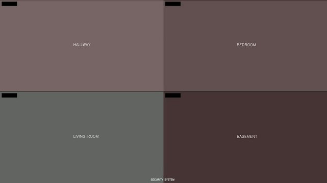 Split-screen surveillance monitor showing multiple rooms with danger alerts, security camera view of bedroom, living room, and basement areas