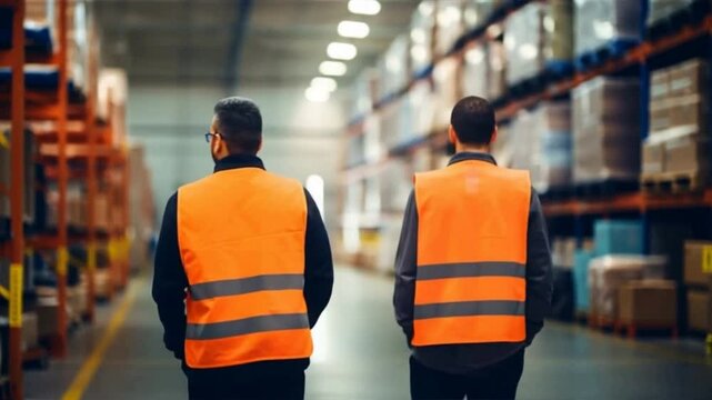 Two workers in reflective vests walking through a warehouse filled with shelves and boxes, showcasing teamwork and logistics.