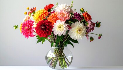 Lush bouquet of colorful dahlias and ranunculus arranged in a clear, round glass vase