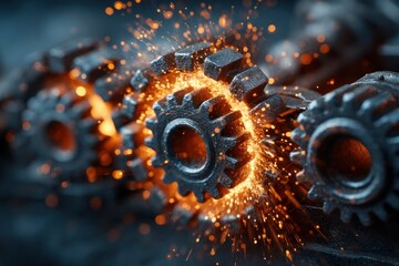 Gears rotating with sparks flying during an industrial process in a workshop setting