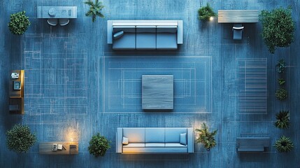 Clean blueprint outline with basic shapes and measurements, representing early design stages.