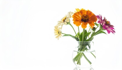 Obraz premium Bright zinnias in a clear glass vase, isolated against a stark white background