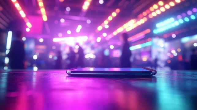 Close-up view of a sleek tablet mockup on a table at a tech expo. Colorful booth lights and blurred attendees create an energetic atmosphere in the background