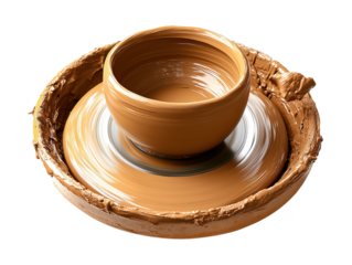 Pottery wheel with freshly shaped clay bowl and plate in warm brown tones, isolated on transparent background, png