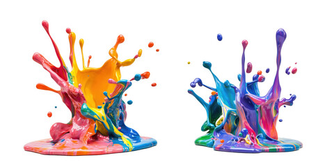 Obraz premium Colorful paint splashes creating vibrant abstract art on white background, isolated on transparent background, png