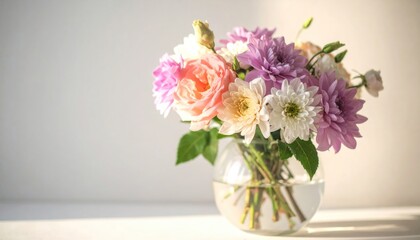 Pastel flower arrangement in a clear vase with a white background, filled with sunlight