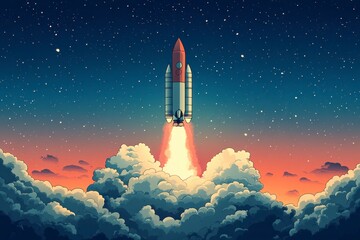 Rocket launches amidst clouds and starry sky