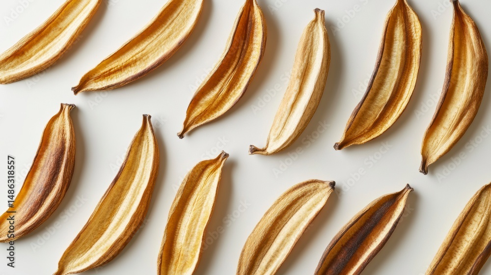 Poster Dried banana peels arranged in a pattern on a white background.